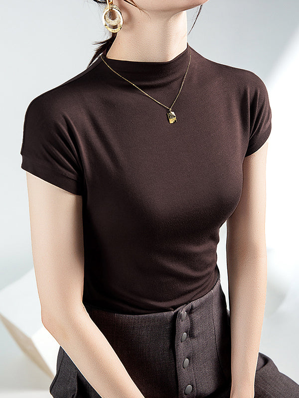 Solid Color Short Sleeves Skinny Mock Neck T-Shirts Tops