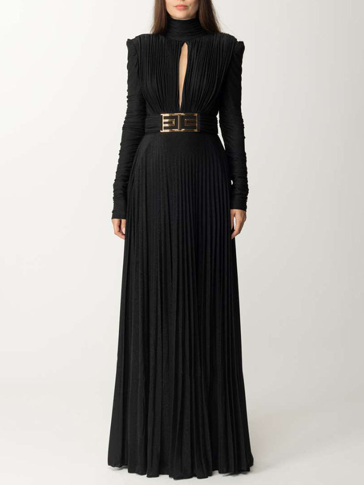 Long Sleeves Pleated Solid Color Split-Side V-Back High-Neck Evening Dresses Maxi Dresses