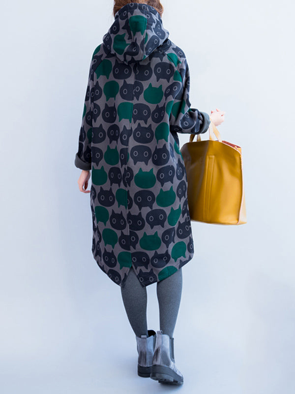 Animal Printed Quilted Split-back Velvet A-line High-low Hooded Sweatershirt Midi Dresses