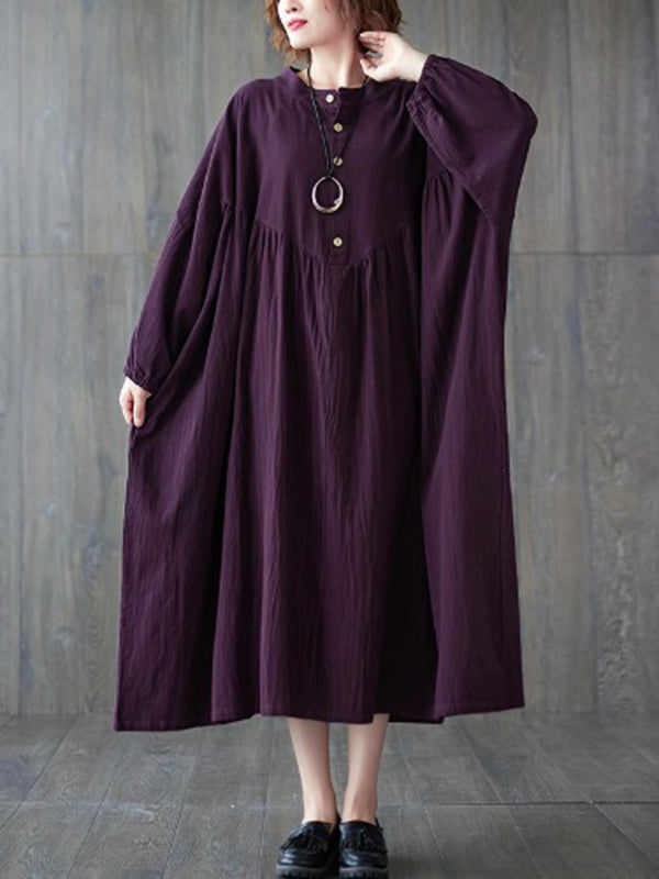 Pleated Solid Color Loose Puff Sleeves Stand Collar Midi Dresses
