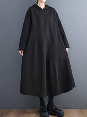 Casual Loose Long Sleeves Solid Color Hooded Midi Dresses
