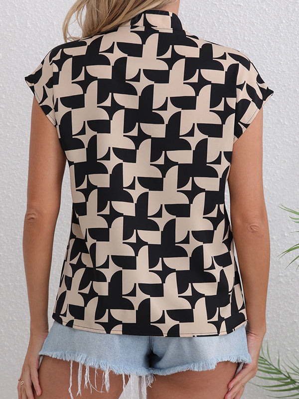 Contrast Color Print Loose Short Sleeves V-Neck Blouses&Shirts Tops