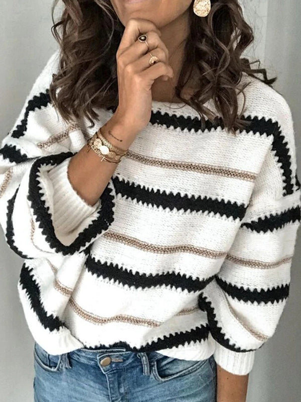 Striped Long Sleeves Loose Round-Neck Sweater Tops Pullovers Knitwear