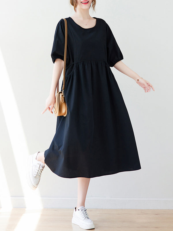 Casual Half Sleeves Loose Elasticity Split-Joint Solid Color Midi Dresses