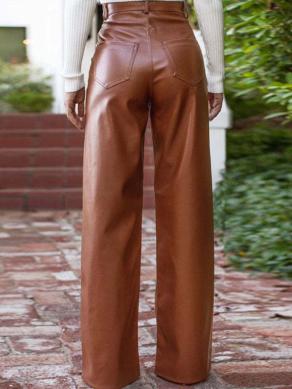 Solid Color Split-Joint High Waisted Straight Leg Trousers Pants