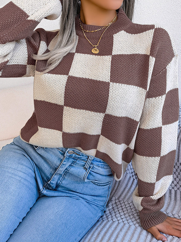 Contrast Color Plaid Long Sleeves Loose Round-Neck Sweater Tops