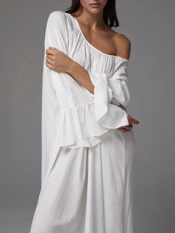 Pleated Solid Color Split-Joint A-Line Flared Sleeves Round-Neck Maxi Dresses