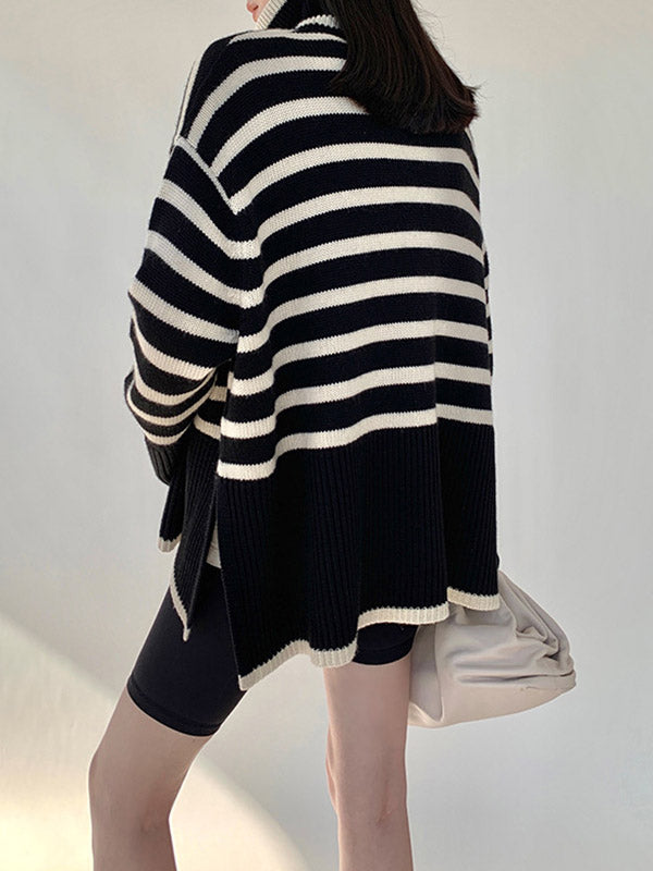 Contrast Color Pleated Split-Joint Split-Side Striped Patterns Long Sleeves Loose High Neck Sweater Tops