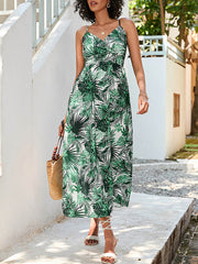 Elasticity Leaves Print High Waisted Sleeveless Spaghetti-Neck Midi Dresses