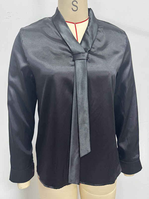 Solid Color Split-Joint Streamer Long Sleeves Loose Scarf Collar Blouses&Shirts Tops