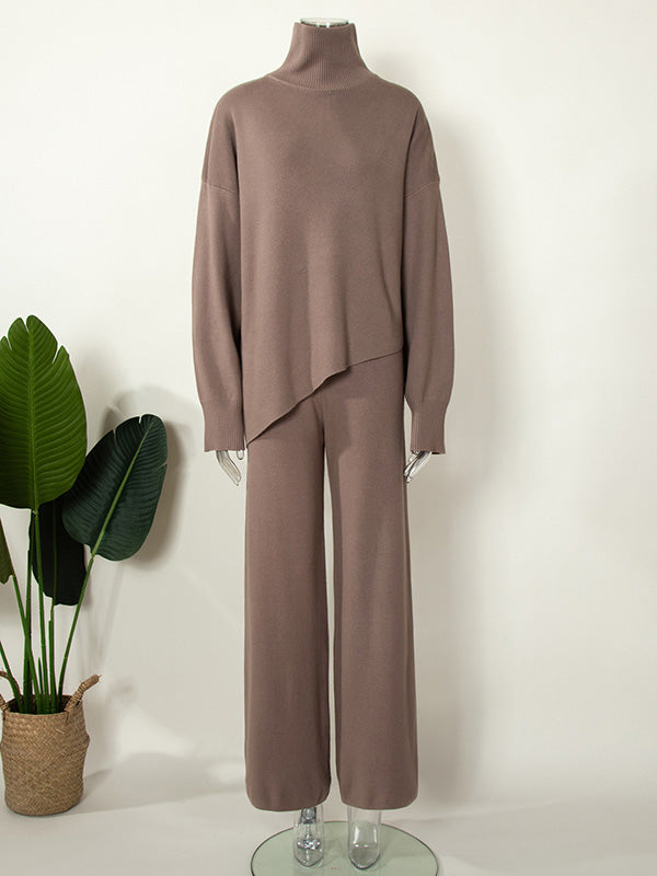 Casual Solid Color Irregularity High-Neck Sweater& Wide Leg Pants Suits