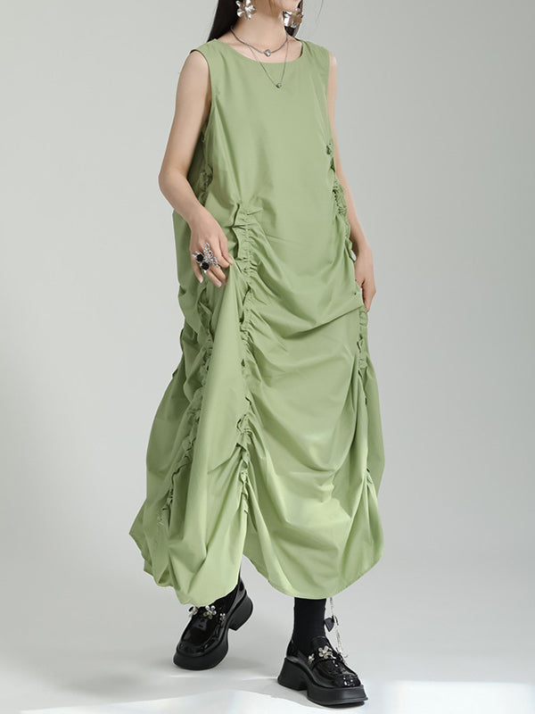 Solid Color Irregular clipping Loose Round-neck Midi Dresses