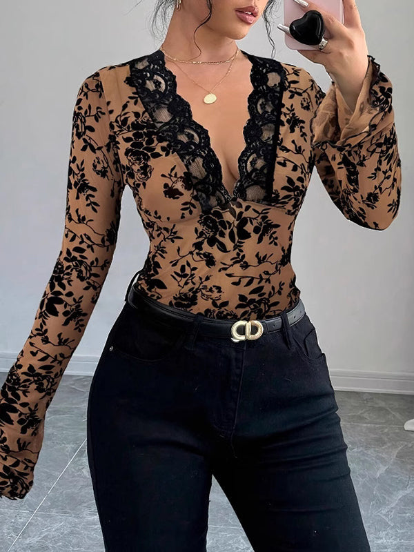 Solid Color Flared Sleeves Long Sleeves Deep V-Neck T-Shirts