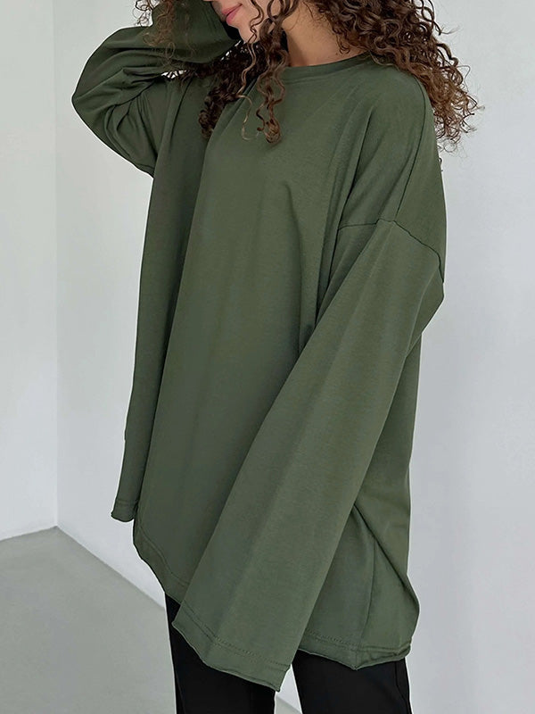 Solid Color Long Sleeves Loose Round-Neck T-Shirts Tops