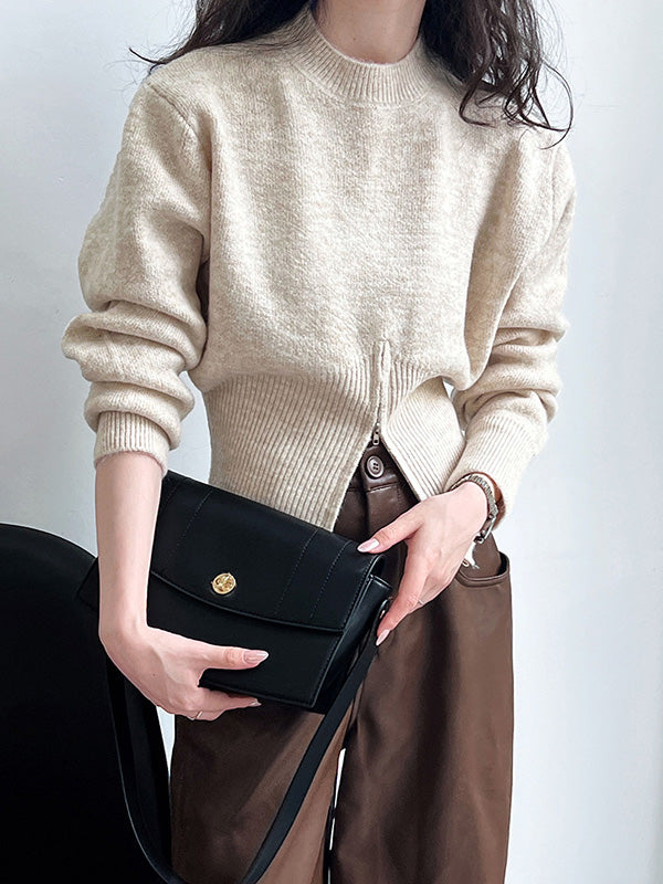 Solid Color Zipper Long Sleeves Loose Mock Neck Sweater Tops Pullovers