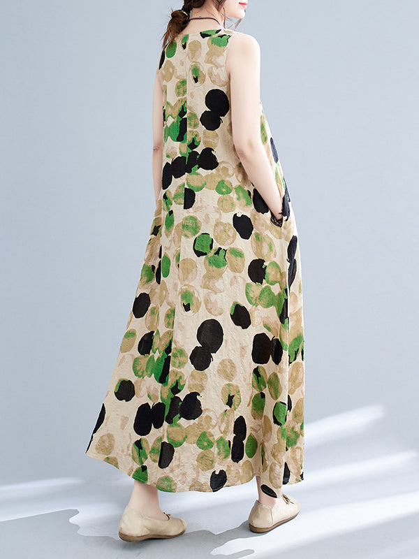 Printed Split-Joint Loose Sleeveless Round-neck Maxi Dresses