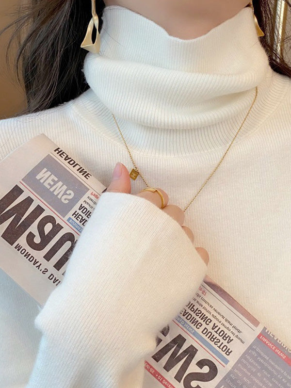 Simple Skinny Long Sleeves Solid Color High-Neck Pullovers