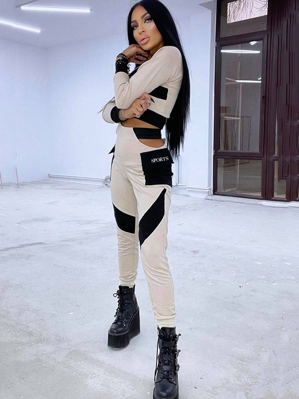Color-Block Zipper Slim Leisure Long Sleeve Hollow Athletic Sport Suits