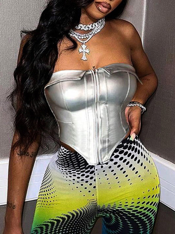 Solid Color Split-Joint Zipper Skinny Sleeveless Tube Vest Top