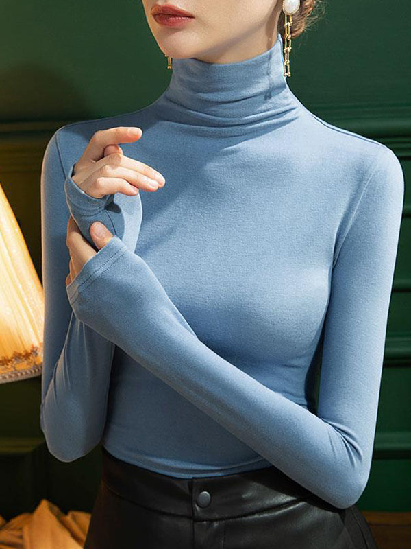 Solid Color Split-Joint Long Sleeves Plus Size High Neck T-Shirts Tops