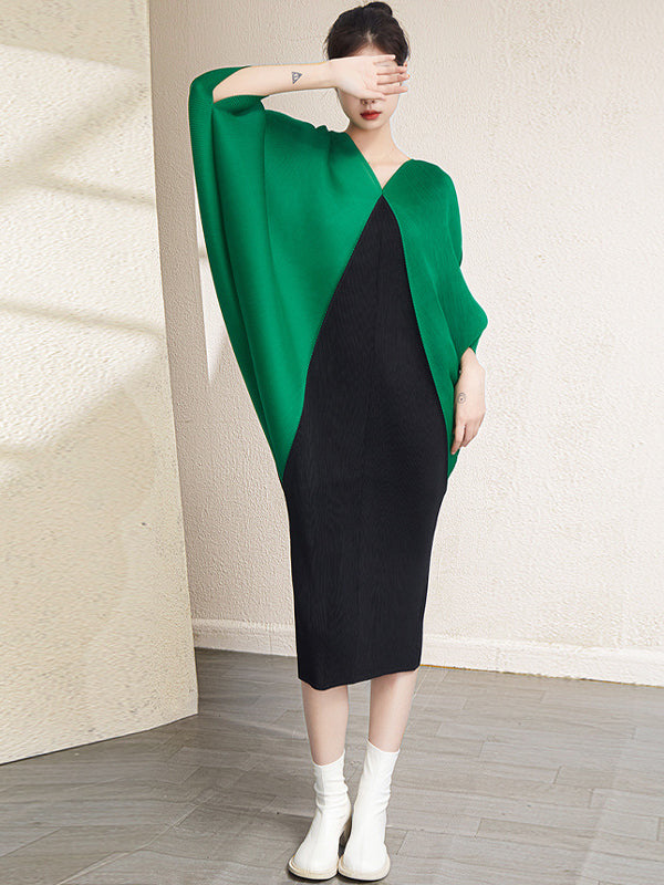 Urban Batwing Sleeves Contrast Color Pleated V-Neck Midi Dresses