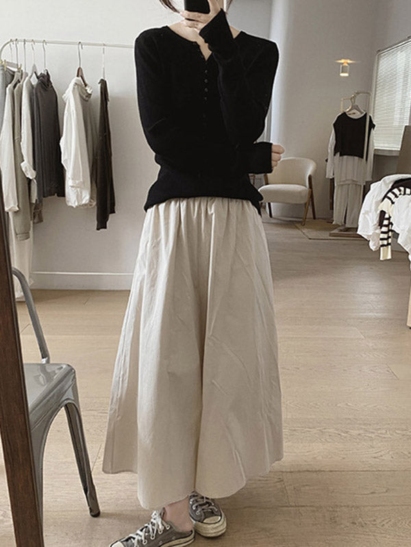 Buttoned Solid Color Long Sleeves Round-Neck Sweater Tops Pullovers