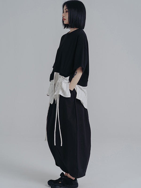 Urban Striped Drawstring Split-Joint False Two Split-Joint T-Shirt