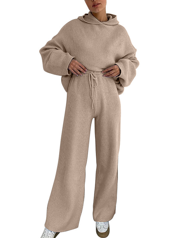 Solid Color Loose Round-Neck Hooded Long Sleeves Sweater Top + Drawstring Pants Bottom Two Pieces Set