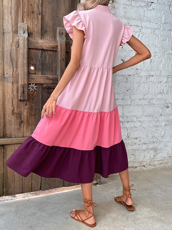 Contrast Color Pleated Split-Joint Loose Sleeveless V-Neck Midi Dresses