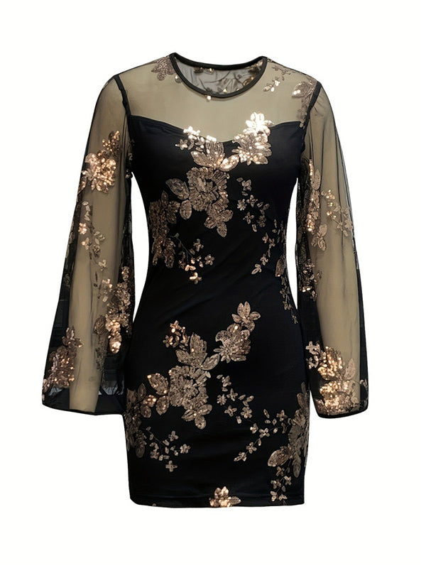 Mesh Sequined Split-Joint Bodycon Long Sleeves Round-Neck Mini Dresses
