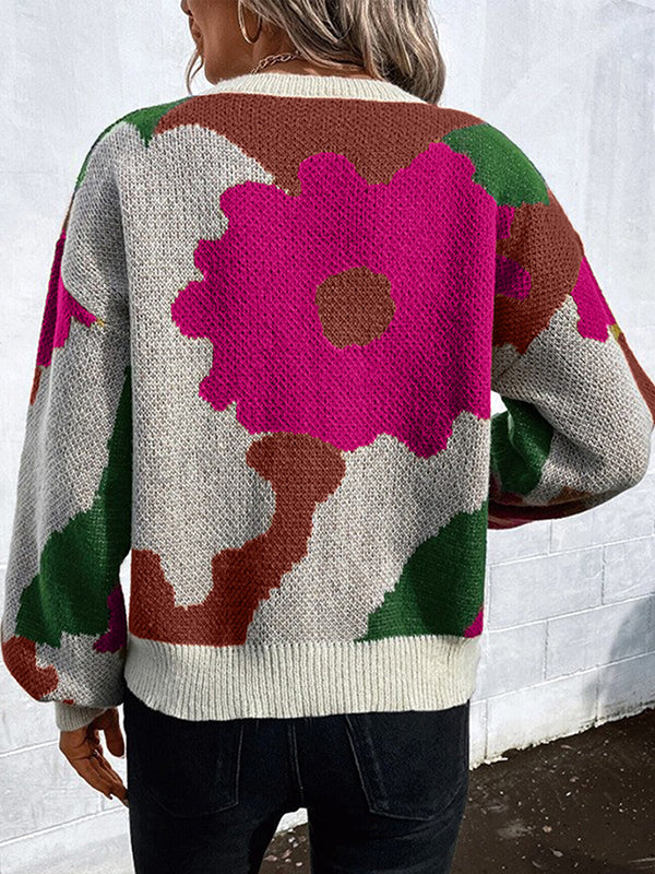 Asymmetric Knitted Flower Split-Joint Loose Puff Sleeves Round-Neck Sweater Tops