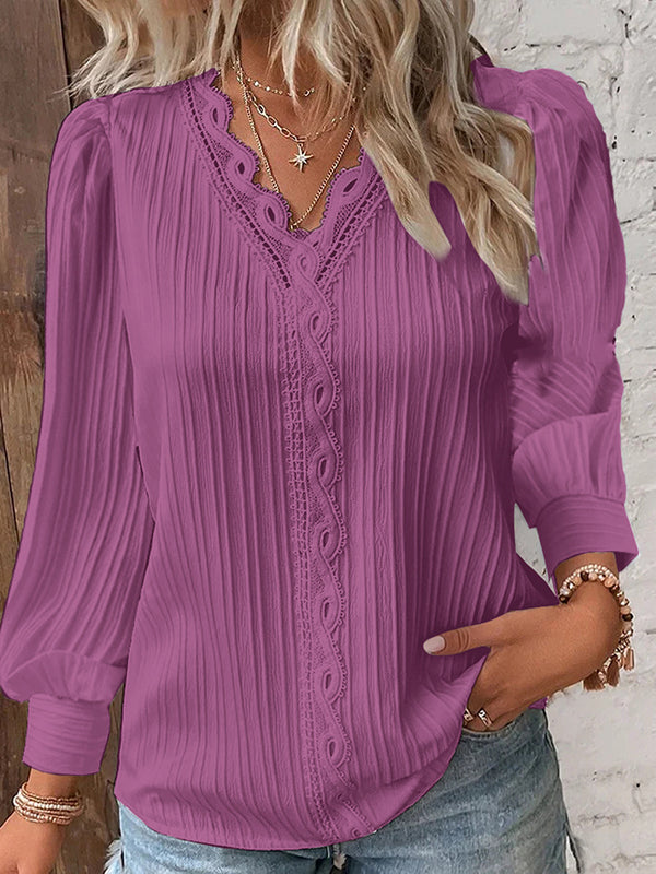 Hollow Solid Color Long Sleeves Loose V-Neck T-Shirts