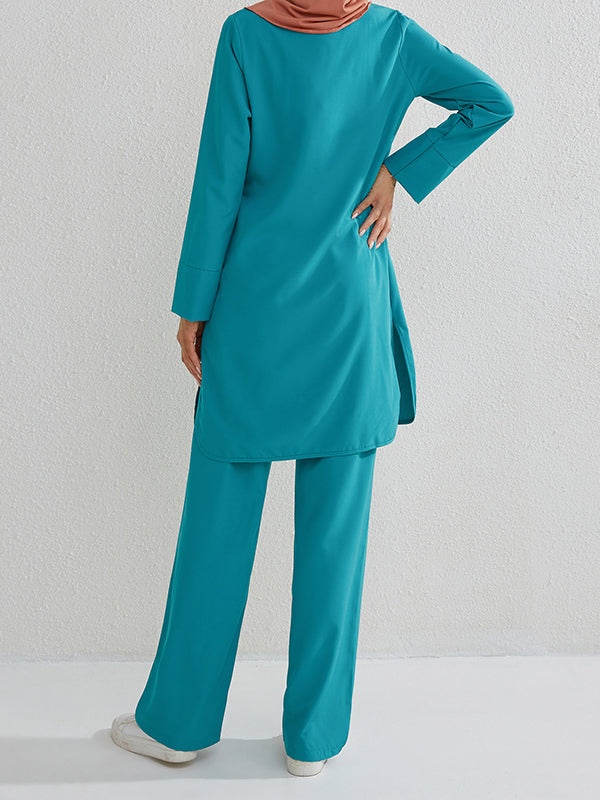 Round-Neck Long Sleeves Pockets Solid Color Split-Side Shirts Top + Pants Bottom Two Pieces Set