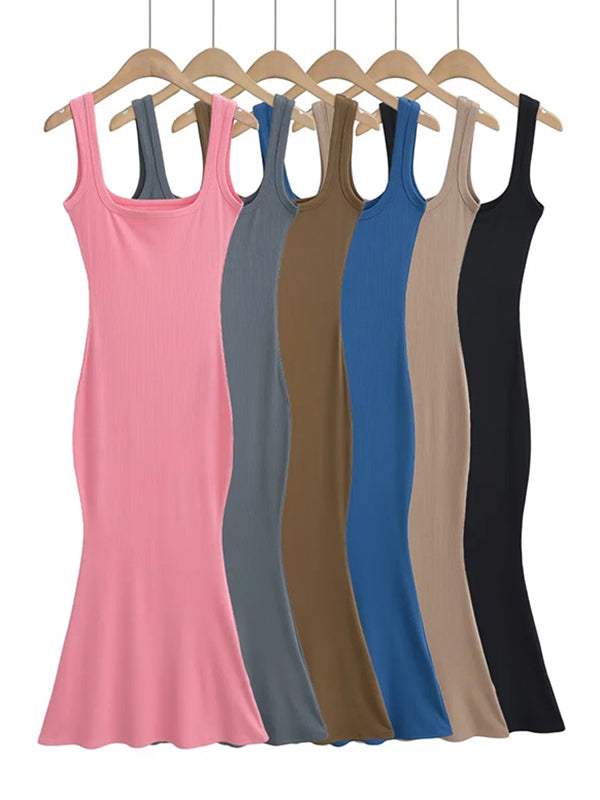 Solid Color Mermaid Skinny Round-Neck Maxi Dresses