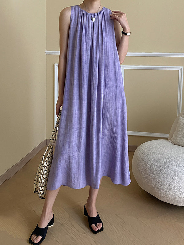 Pleated Solid Color A-Line Loose Round-Neck Midi Dresses