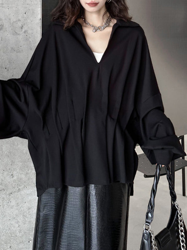 Pleated Solid Color Batwing Sleeves Long Sleeves Deep V-Neck Blouses&Shirts Tops