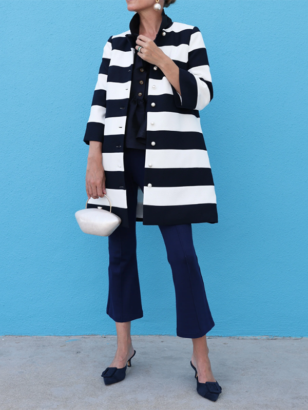 Loose Three-Quarter Sleeves Buttoned Striped Round-Neck Outerwear