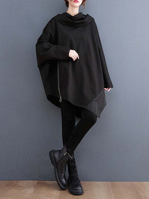 Asymmetric Split-Joint Zipper Long Sleeves Loose Heaps Collar Sweatshirt Tops