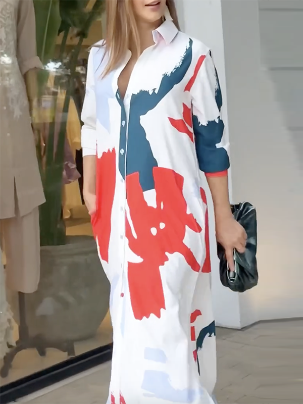 Printed Long Sleeves Loose Lapel Collar Maxi Dresses