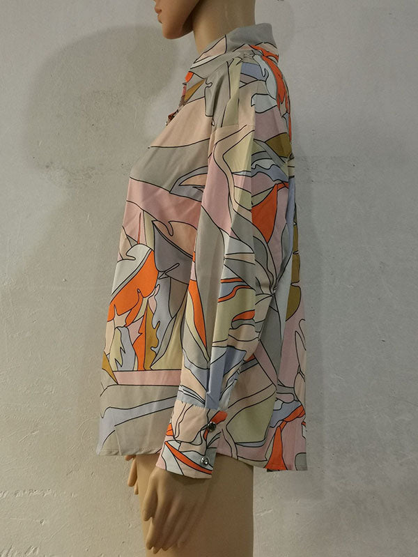 Contrast Color Printed Long Sleeves Loose Lapel Blouses