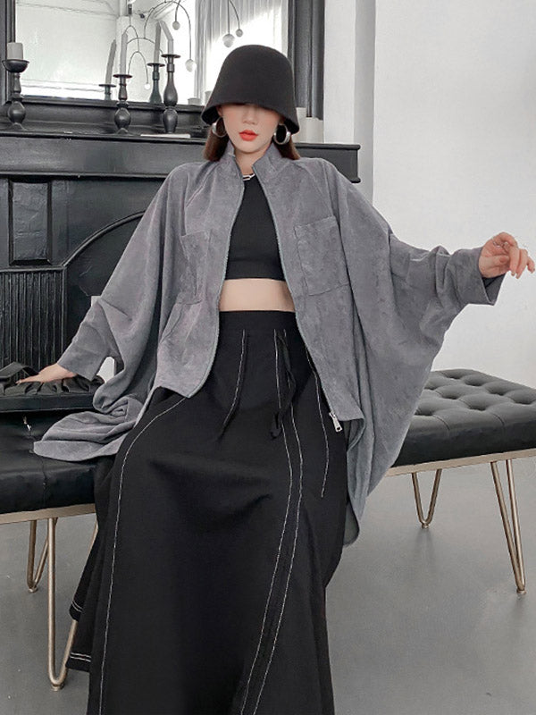 Casual Batwing Sleeves Loose Drawstring Zipper Stand Collar Jackets&Coats