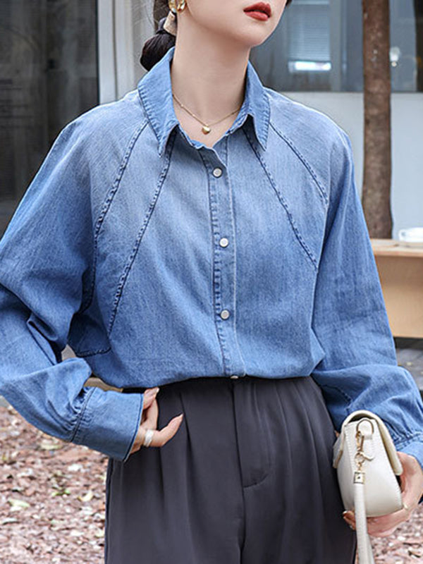 Buttoned Pleated Split-Joint Long Sleeves Loose Lapel Blouses&Shirts Tops