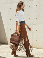 Irregularity Asymmetric Contrast Color Split-Joint Split-Side Tasseled Skirts Bottoms