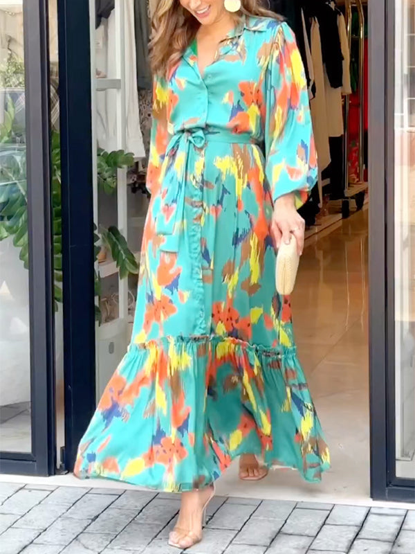 Printed Long Sleeves Loose Lapel Collar Maxi Dresses