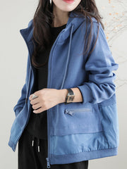 Artistic Retro Loose Long Sleeves Solid Color Zipper Hooded Outerwear