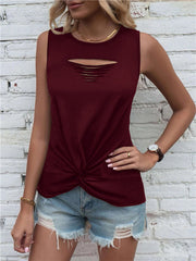 Hollow Knot Pleated Solid Color Sleeveless Round-Neck Vest Top