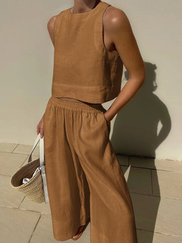 Solid Color Loose Round-Neck Sleeveless Vest + Elasticity Wide Leg Pants Two Pieces Set
