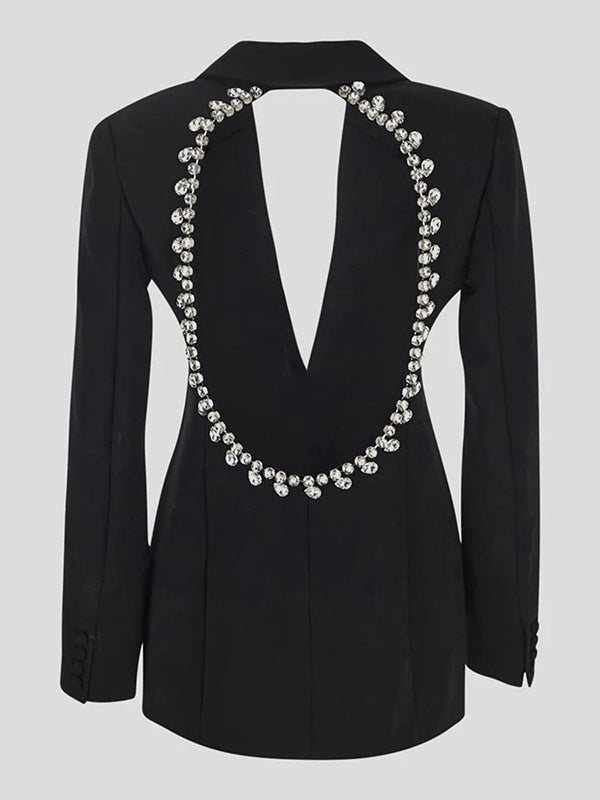 Backless Buttoned Hollow Rhine Stones Solid Color Long Sleeves Deep V-Neck Blazer