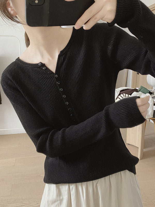Buttoned Solid Color Long Sleeves Round-Neck Sweater Tops Pullovers
