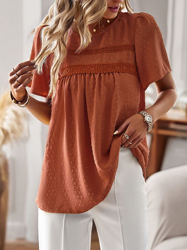 Hollow Jacquard Pleated Solid Color Split-Joint Loose Short Sleeves Round-Neck T-Shirts Tops